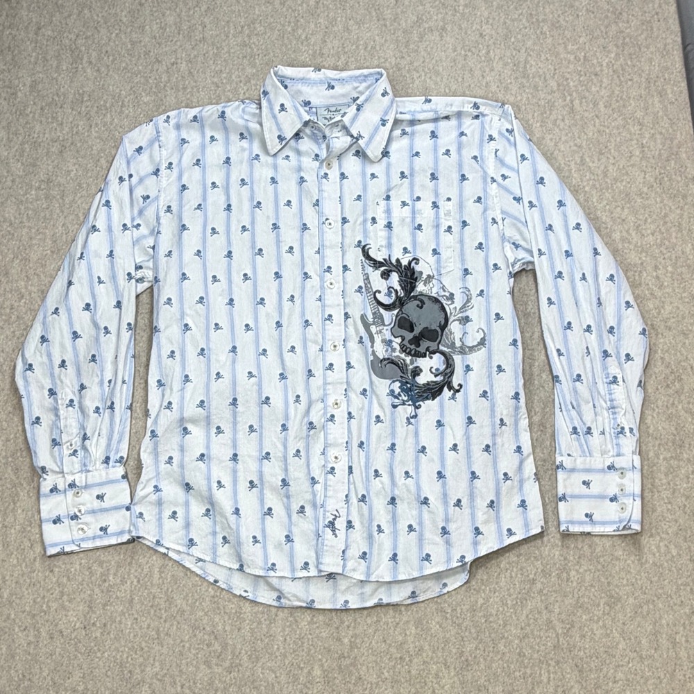Fender Button Up Shirt Mens XL White Skull Guitar Rocker Grunge Music Festival